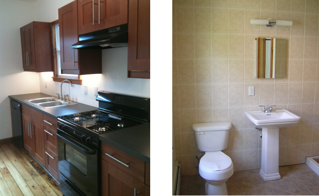 view of kitchen and fully tiled bathroom